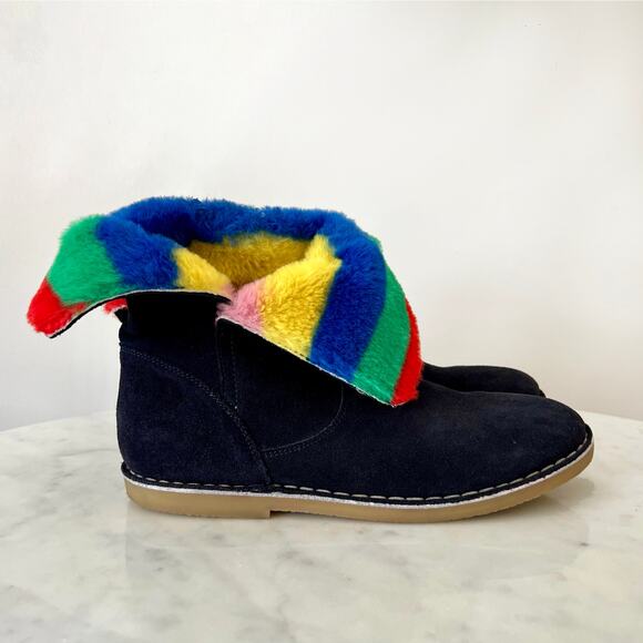 Mini Boden Black Suede Ankle Boots with Multi Colored Striped Faux Fur Lining - Picture 2 of 10